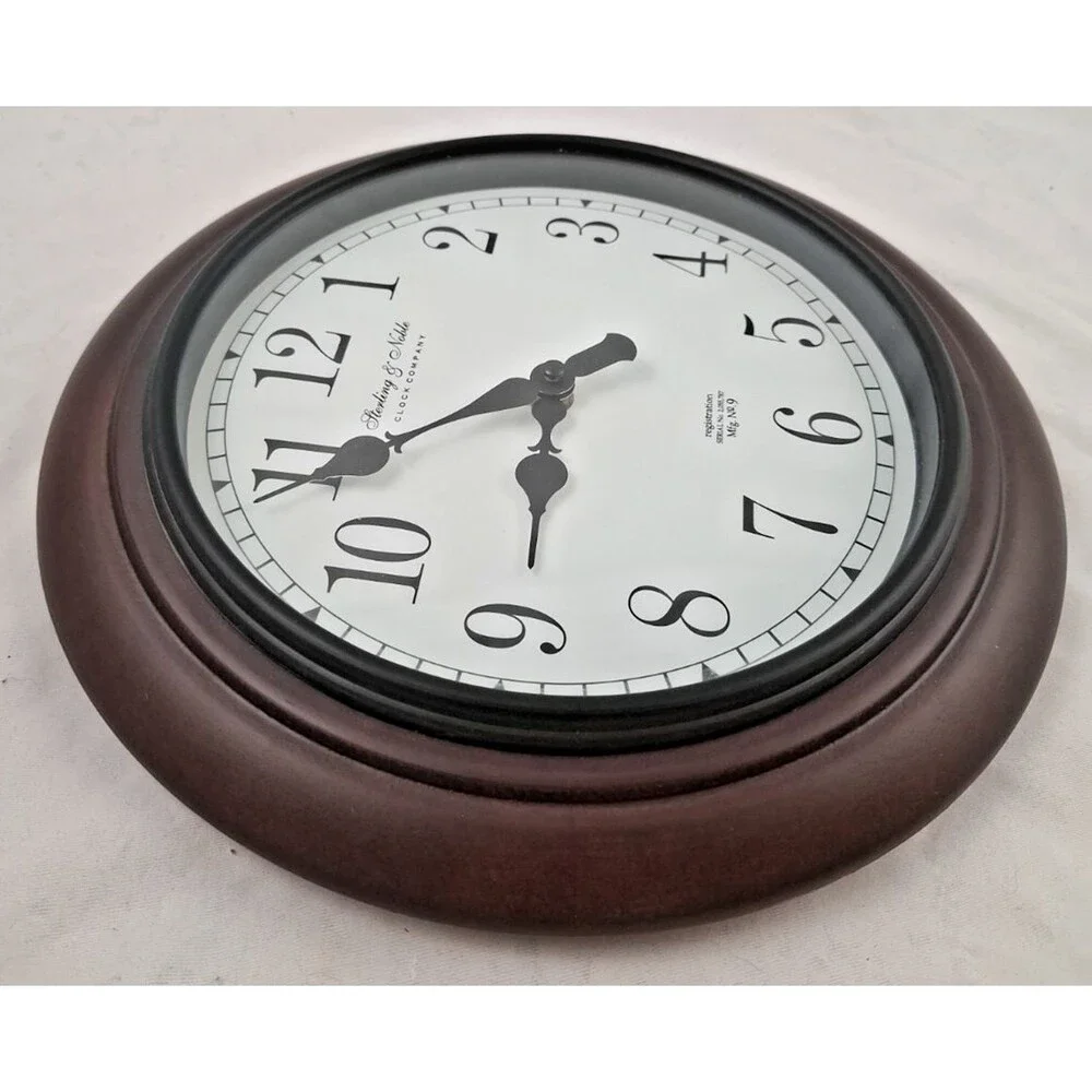 Sterling & Noble Round Wall Clock 12” Dark Walnut Frame Metal Case Excellent